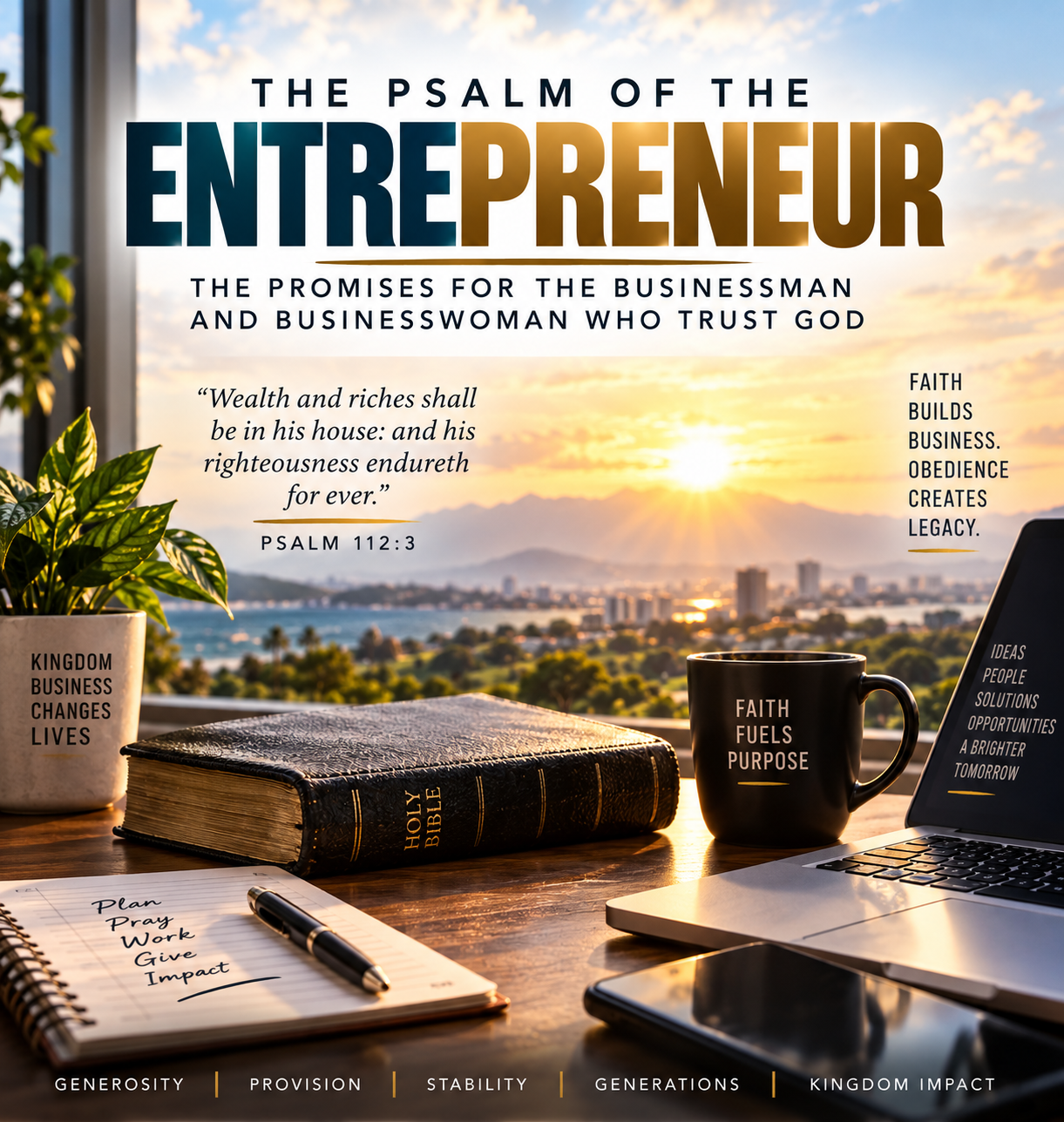 The Psalm of the Entrepreneur featuring a Bible and business workspace with Psalm 112:3 about wealth and riches.