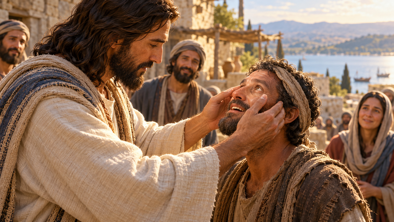 Jesus gently touches a blind man's face as witnesses watch in a Galilean village.