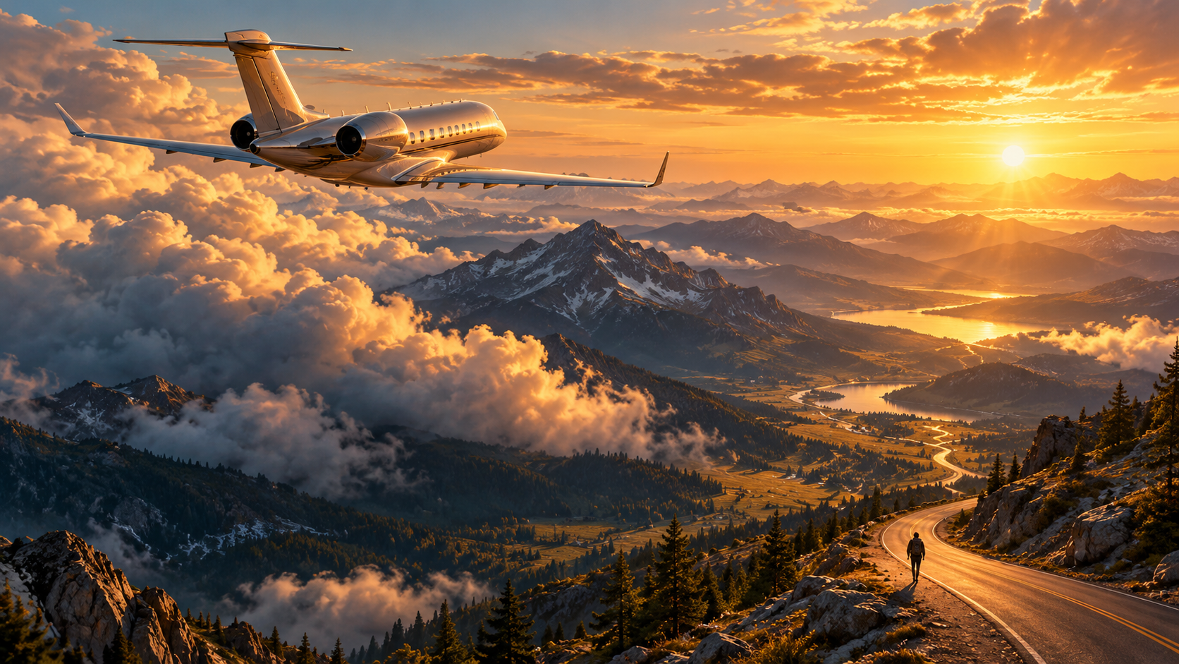 A jet flies above golden clouds while a traveler walks along a winding mountain road below.