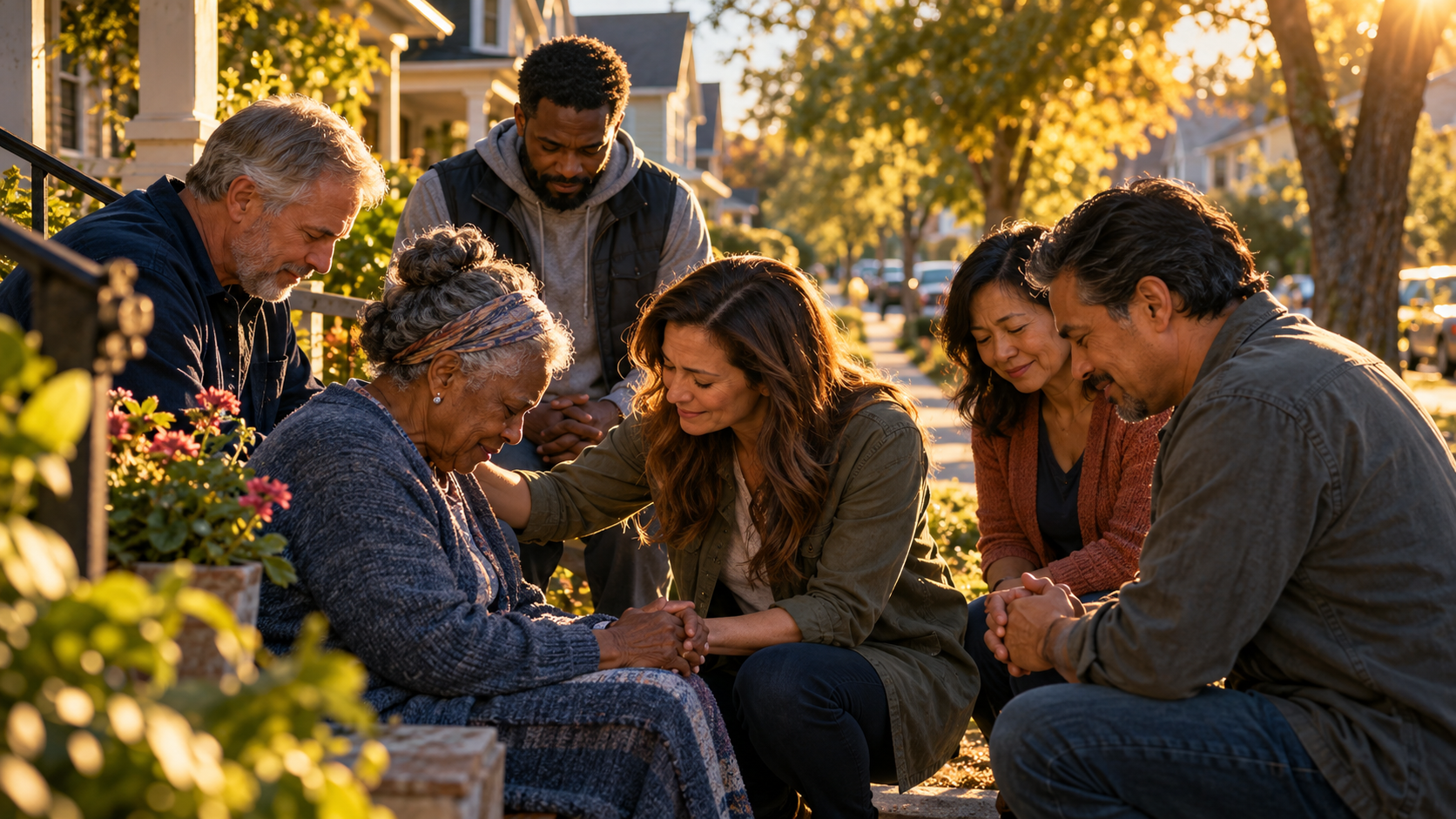 Neighbors gather around an older woman in compassionate prayer outside a home.